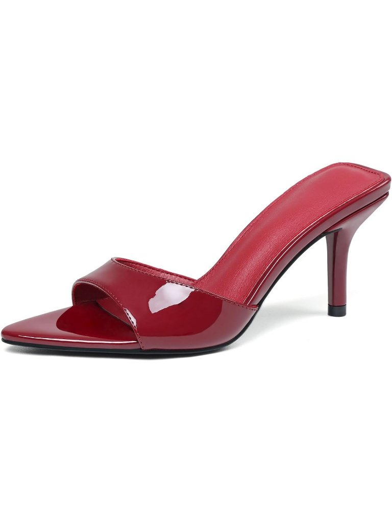 Women's Patent Burgundy Leather Pointed Open Peep Toe Backless Summer High Heels